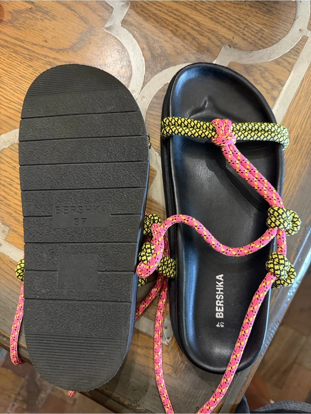 NEW Bershka Black Slides with Pink & Yellow Rope Straps